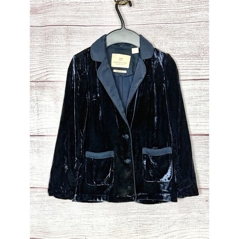 Scotch & Soda R’Belle Girls Velvet Blazer Navy Blue Contrast Trim Jacket Size 6